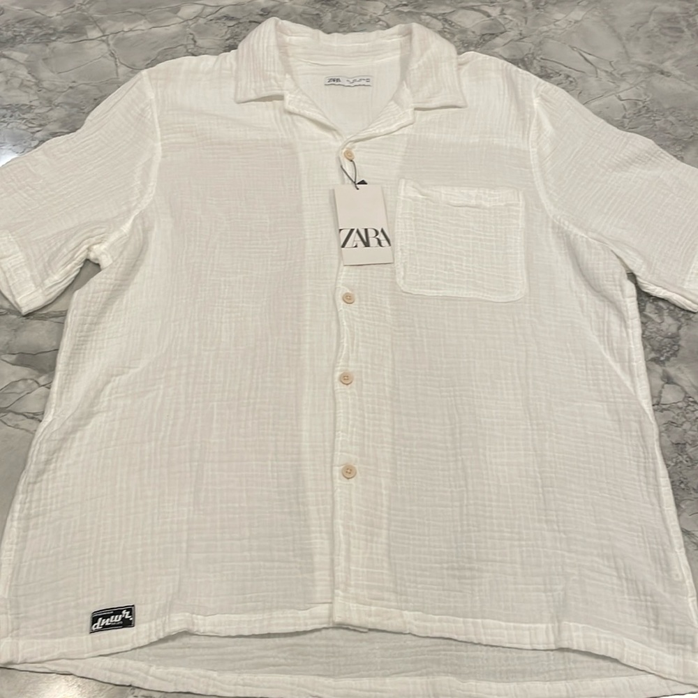 Zara 100% Cotton White Short Sleeve Button Down Shirt